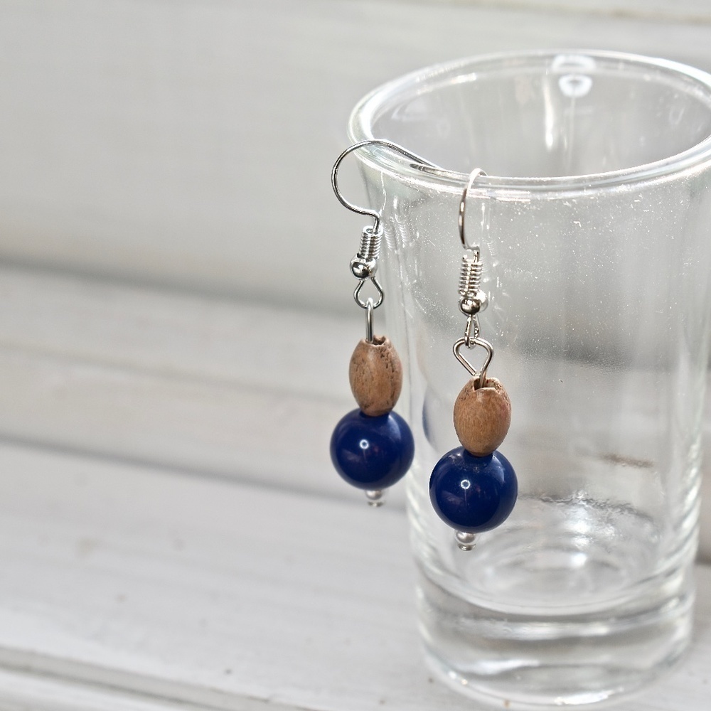 Blue Wood Beaded Earrings - Picture 1 of 1